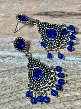 Blue Teardrop Bohemian Dangle Earrings - Silver-Tone Chandelier